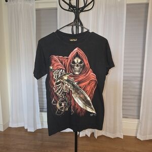 Liquid Blue Black Tee with Bold Orange Accents